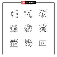 Set of 9 Commercial Outlines pack for distractions warning bulb notification home Editable Vector Design Elements