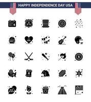 Pack of 25 USA Independence Day Celebration Solid Glyph Signs and 4th July Symbols such as american firework day sign police Editable USA Day Vector Design Elements
