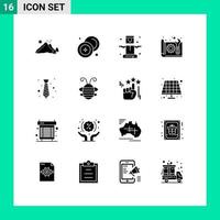 Group of 16 Solid Glyphs Signs and Symbols for paper. blue print. currency. architecture. levitation vector