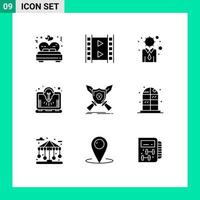 Mobile Interface Solid Glyph Set of 9 Pictograms of emblem solution business laptop bulb Editable Vector Design Elements