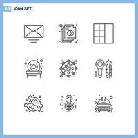 Universal Icon Symbols Group of 9 Modern Outlines of design working wireframe gear affiliate Editable Vector Design Elements