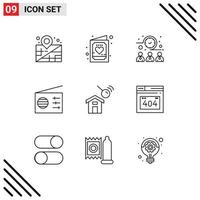 Group of 9 Modern Outlines Set for house city meeting signal media Editable Vector Design Elements