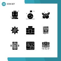 Set of 9 Commercial Solid Glyphs pack for tools briefcase fruit setting investment Editable Vector Design Elements