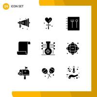 Pack of 9 creative Solid Glyphs of technology molecule book knowledge script Editable Vector Design Elements