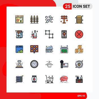 Editable Vector Line Pack of 25 Simple Filled line Flat Colors of storage database molecule data power Editable Vector Design Elements