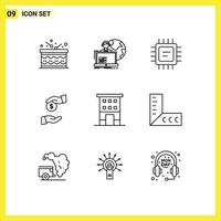 Mobile Interface Outline Set of 9 Pictograms of buildings corrupt online bureaucracy bribe Editable Vector Design Elements