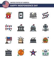 Happy Independence Day Pack of 16 Flat Filled Lines Signs and Symbols for garland party bulb gate party decoration usa Editable USA Day Vector Design Elements