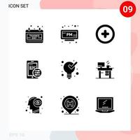 Set of 9 Commercial Solid Glyphs pack for solution management media defining mobile Editable Vector Design Elements