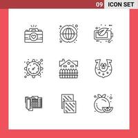 9 Universal Outlines Set for Web and Mobile Applications apartment time worldwide setting battery Editable Vector Design Elements