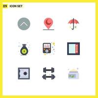 Group of 9 Flat Colors Signs and Symbols for field device umbrella money bag Editable Vector Design Elements
