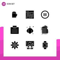 Group of 9 Modern Solid Glyphs Set for onion suitcase page portfolio briefcase Editable Vector Design Elements