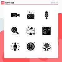 Group of 9 Modern Solid Glyphs Set for advertising announcement female social media internet Editable Vector Design Elements