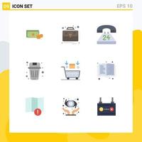 User Interface Pack of 9 Basic Flat Colors of garbage been suitcase basket contact Editable Vector Design Elements