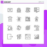User Interface Pack of 16 Basic Outlines of development computer internet coding wifi Editable Vector Design Elements