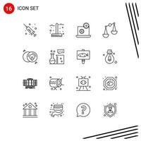 Group of 16 Outlines Signs and Symbols for multimedia dvd laptop cd justice Editable Vector Design Elements