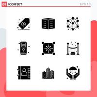 Set of 9 Vector Solid Glyphs on Grid for development coding office blocks hardware computer Editable Vector Design Elements