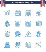 Happy Independence Day 16 Blues Icon Pack for Web and Print house church usa police cross flag Editable USA Day Vector Design Elements