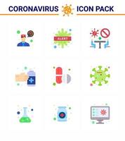 Paquete de iconos de corona de virus viral de 9 colores planos, como pastillas, aerosol, gestos de medicación prohibidos, elementos de diseño de vector de enfermedad de coronavirus viral 2019nov