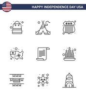 4th July USA Happy Independence Day Icon Symbols Group of 9 Modern Lines of american file badge usa states Editable USA Day Vector Design Elements