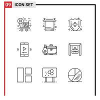 9 Thematic Vector Outlines and Editable Symbols of case briefcase medical care video player app multimedia Editable Vector Design Elements