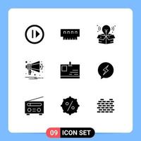 Group of 9 Modern Solid Glyphs Set for id card notification memory multimedia announcement Editable Vector Design Elements