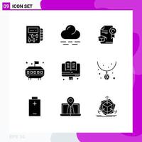 Set of 9 Vector Solid Glyphs on Grid for accessories education education online space Editable Vector Design Elements