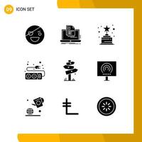 9 Thematic Vector Solid Glyphs and Editable Symbols of direction socket print plug trophy Editable Vector Design Elements