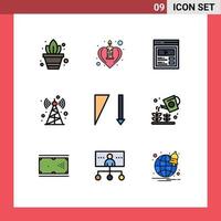 Modern Set of 9 Filledline Flat Colors Pictograph of farming sort video descending radio Editable Vector Design Elements