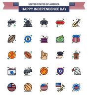 25 USA Flat Filled Line Signs Independence Day Celebration Symbols of music hot i barbeque food hot dog Editable USA Day Vector Design Elements