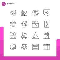 Group of 16 Outlines Signs and Symbols for weather beach business x security Editable Vector Design Elements