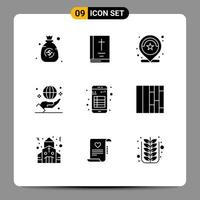 Set of 9 Vector Solid Glyphs on Grid for app hand number globe business Editable Vector Design Elements