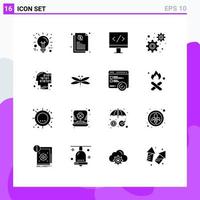 Pack of 16 Modern Solid Glyphs Signs and Symbols for Web Print Media such as dragon human monitor code settings Editable Vector Design Elements