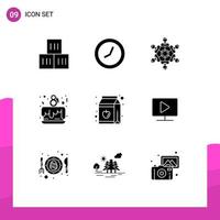 9 User Interface Solid Glyph Pack of modern Signs and Symbols of juice celebrate friends love cake party Editable Vector Design Elements