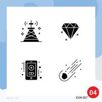 Pack of 4 creative Solid Glyphs of communications online technology jewelery astronomy Editable Vector Design Elements