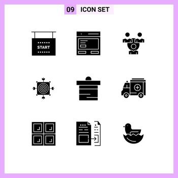 Pack of 9 Modern Solid Glyphs Signs and Symbols for Web Print Media such as target dart to board communication Editable Vector Design Elements
