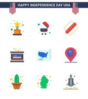 Modern Set of 9 Flats and symbols on USA Independence Day such as usa states hotdog map independece Editable USA Day Vector Design Elements