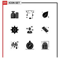 Mobile Interface Solid Glyph Set of 9 Pictograms of sms man ecology setting gear Editable Vector Design Elements