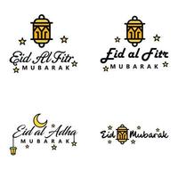 Happy Eid Mubarak Hand Letter Typography Greeting Swirly Brush Typeface Pack Of 4 Greetings with Shining Stars and Moon vector