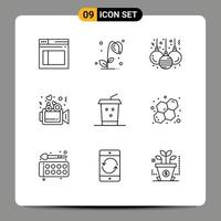 Modern Set of 9 Outlines Pictograph of takeaway cola ball wedding presentation Editable Vector Design Elements