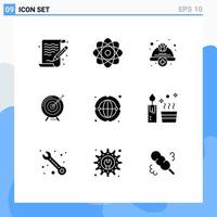 Editable Vector Line Pack of 9 Simple Solid Glyphs of mission business cap archive target Editable Vector Design Elements