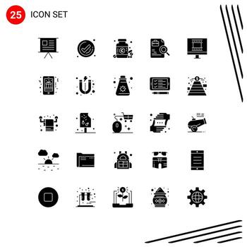 25 concepto de glifo sólido para sitios web móviles y aplicaciones búsqueda de marcos de fotos digitales comprobar píldoras de documentos elementos de diseño de vectores editables