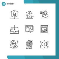 Group of 9 Outlines Signs and Symbols for monitor receive faq mailbox help Editable Vector Design Elements