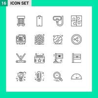 Universal Icon Symbols Group of 16 Modern Outlines of computer solution beach puzzle part Editable Vector Design Elements