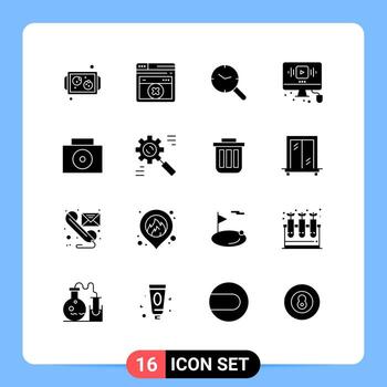 Pack of 16 Modern Solid Glyphs Signs and Symbols for Web Print Media such as suitcase internet research web youtube Editable Vector Design Elements