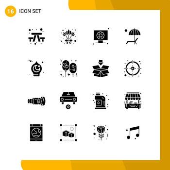 conjunto de glifos sólidos de interfaz móvil de 16 pictogramas del hardware de verano del mes disfrute de elementos de diseño vectorial editables de paraguas vector