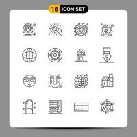 Set of 16 Vector Outlines on Grid for media internet seo globe day Editable Vector Design Elements