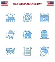 9 USA Blue Signs Independence Day Celebration Symbols of usa elephent american cook barbecue Editable USA Day Vector Design Elements