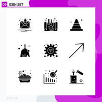 Pack of 9 Modern Solid Glyphs Signs and Symbols for Web Print Media such as settings gear cone sweep clean Editable Vector Design Elements