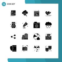 Set of 16 Vector Solid Glyphs on Grid for heart pen cloud seo marketing Editable Vector Design Elements