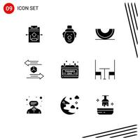 Pack of 9 Modern Solid Glyphs Signs and Symbols for Web Print Media such as calendar return food logistic box Editable Vector Design Elements